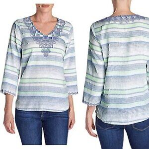 EDDIE BAUER Vista Point Embroidered Tunic White Navy Blue Striped 3/4 Sleeve S